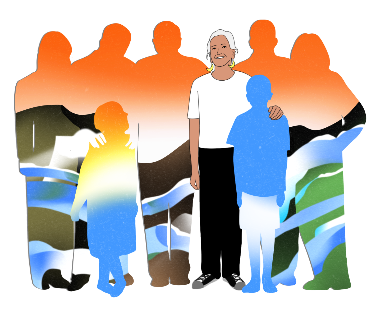 The illustration depicts a woman in a family photo. She is surrounded by silhouettes that represent her family, ancestors, and nature from home.